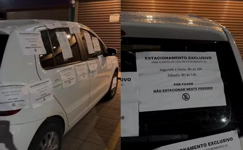 Comerciante cobre carro com avisos após motorista parar em vaga exclusiva em Goiânia
