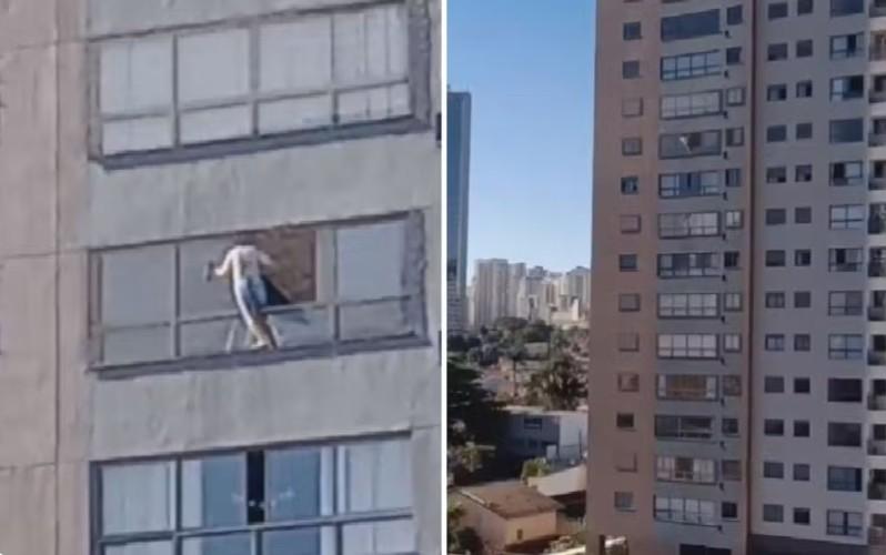 Mulher se arrisca ao limpar janela do 10º andar em Goiânia