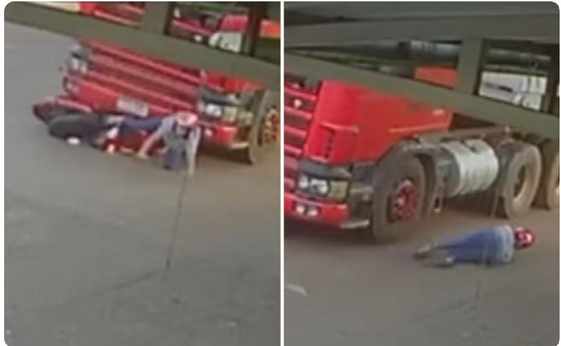 Jovem é atingida por caminhão em cruzamento e escapa com vida; acidente foi registrado por câmera