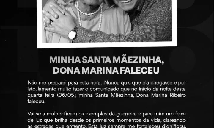 Com pesar, comunicamos o falecimento de Dona Marina Ribeiro, mãe do deputado federal Professor Alcides