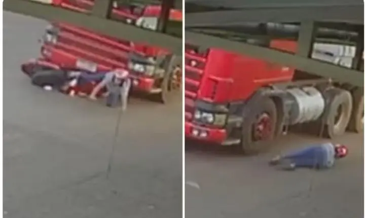 Jovem é atingida por caminhão em cruzamento e escapa com vida; acidente foi registrado por câmera