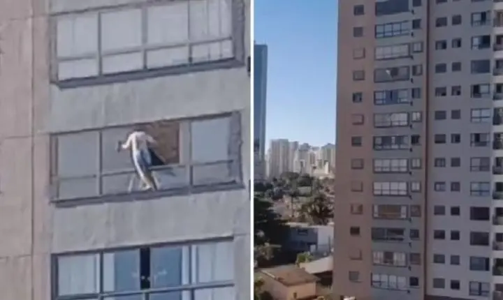 Mulher se arrisca ao limpar janela do 10º andar em Goiânia