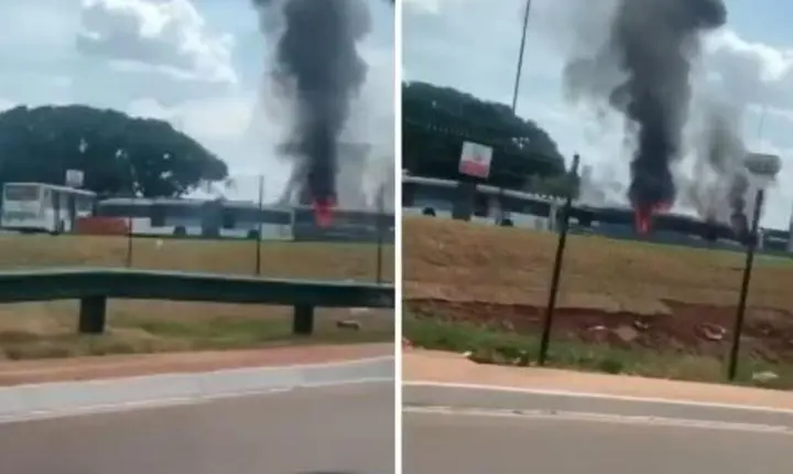 Ônibus pega fogo e fumaça escura assusta em Goiânia